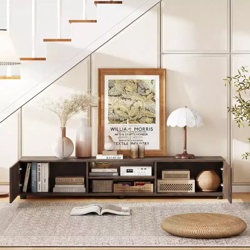 Meuble TV Costway pour téléviseurs jusqu'à 70", console média avec portes doubles et étagères ouvertes Marron rustique/Naturel/Blanc
