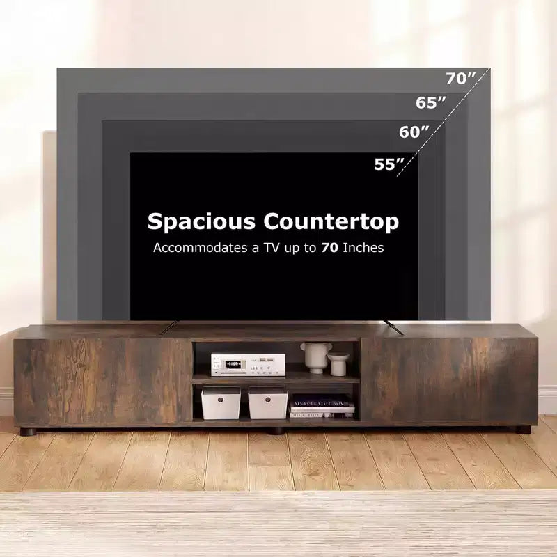 Meuble TV Costway pour téléviseurs jusqu'à 70", console média avec portes doubles et étagères ouvertes Marron rustique/Naturel/Blanc