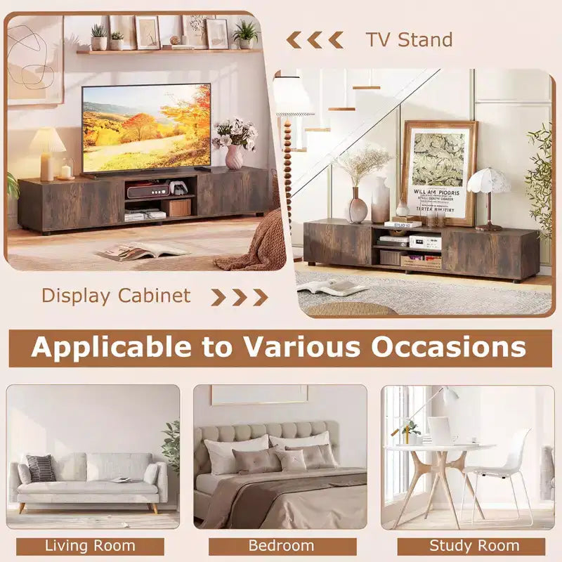 Meuble TV Costway pour téléviseurs jusqu'à 70", console média avec portes doubles et étagères ouvertes Marron rustique/Naturel/Blanc