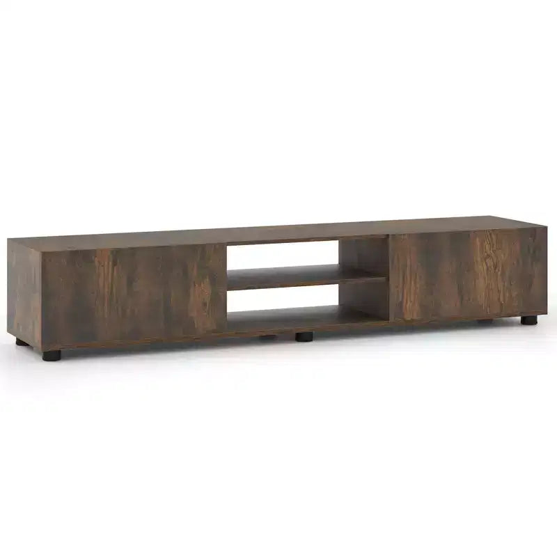 Meuble TV Costway pour téléviseurs jusqu'à 70", console média avec portes doubles et étagères ouvertes Marron rustique/Naturel/Blanc