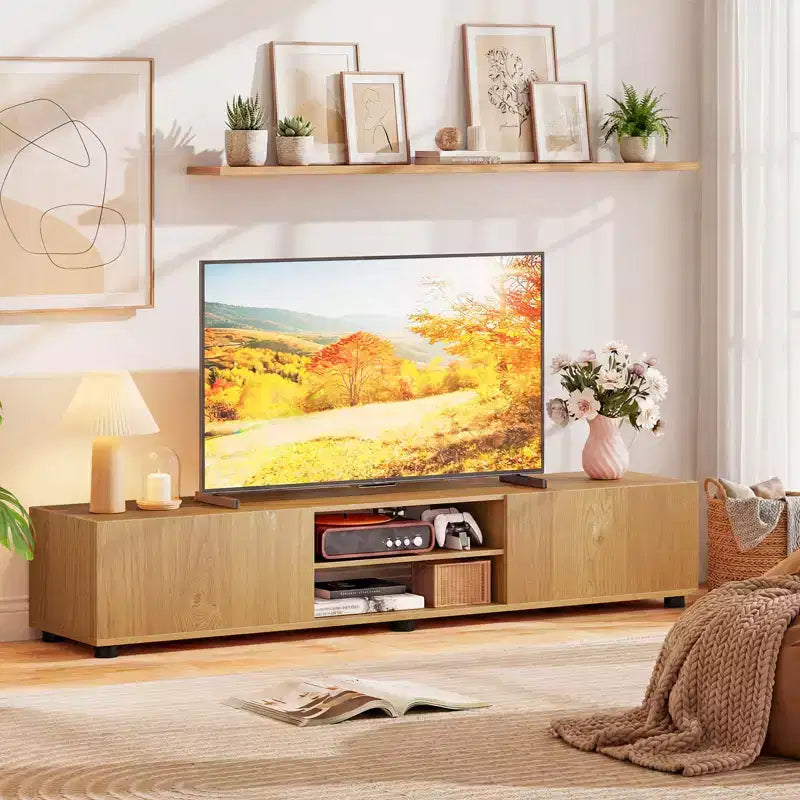 Meuble TV Costway pour téléviseurs jusqu'à 70", console média avec portes doubles et étagères ouvertes Marron rustique/Naturel/Blanc