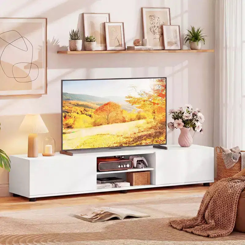 Meuble TV Costway pour téléviseurs jusqu'à 70", console média avec portes doubles et étagères ouvertes Marron rustique/Naturel/Blanc