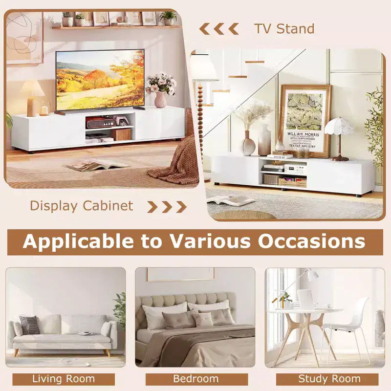 Meuble TV Costway pour téléviseurs jusqu'à 70", console média avec portes doubles et étagères ouvertes Marron rustique/Naturel/Blanc