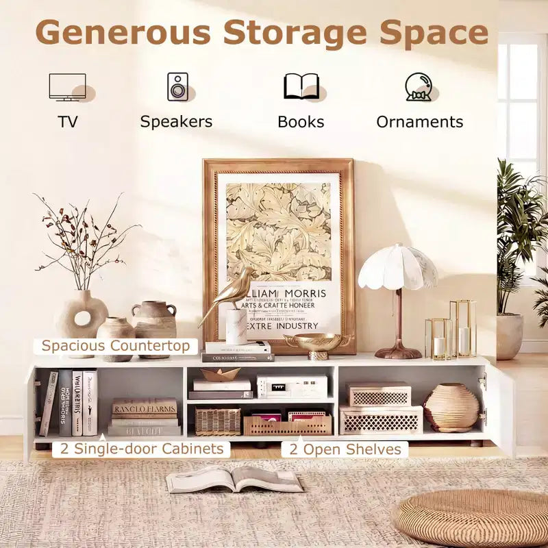 Meuble TV Costway pour téléviseurs jusqu'à 70", console média avec portes doubles et étagères ouvertes Marron rustique/Naturel/Blanc