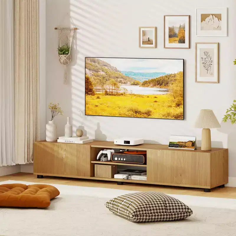 Meuble TV Costway pour téléviseurs jusqu'à 70", console média avec portes doubles et étagères ouvertes Marron rustique/Naturel/Blanc
