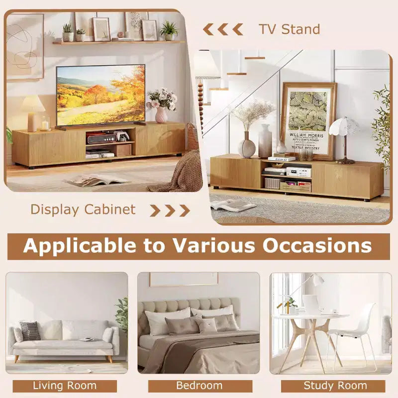 Meuble TV Costway pour téléviseurs jusqu'à 70", console média avec portes doubles et étagères ouvertes Marron rustique/Naturel/Blanc