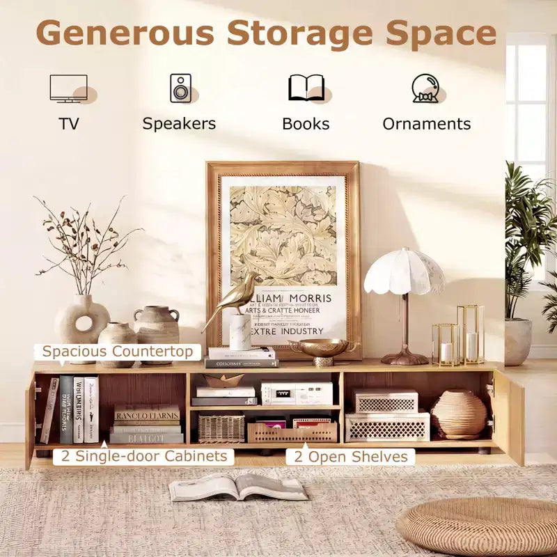 Meuble TV Costway pour téléviseurs jusqu'à 70", console média avec portes doubles et étagères ouvertes Marron rustique/Naturel/Blanc