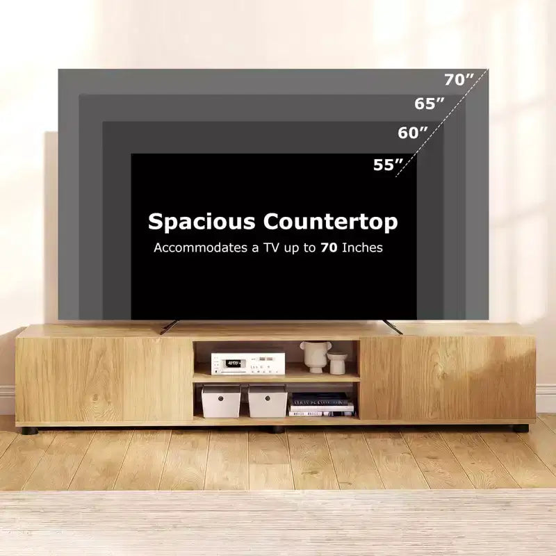 Meuble TV Costway pour téléviseurs jusqu'à 70", console média avec portes doubles et étagères ouvertes Marron rustique/Naturel/Blanc
