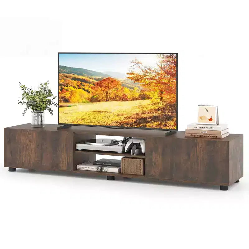 Meuble TV Costway pour téléviseurs jusqu'à 70", console média avec portes doubles et étagères ouvertes Marron rustique/Naturel/Blanc
