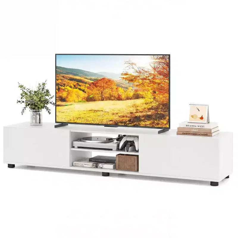 Meuble TV Costway pour téléviseurs jusqu'à 70", console média avec portes doubles et étagères ouvertes Marron rustique/Naturel/Blanc