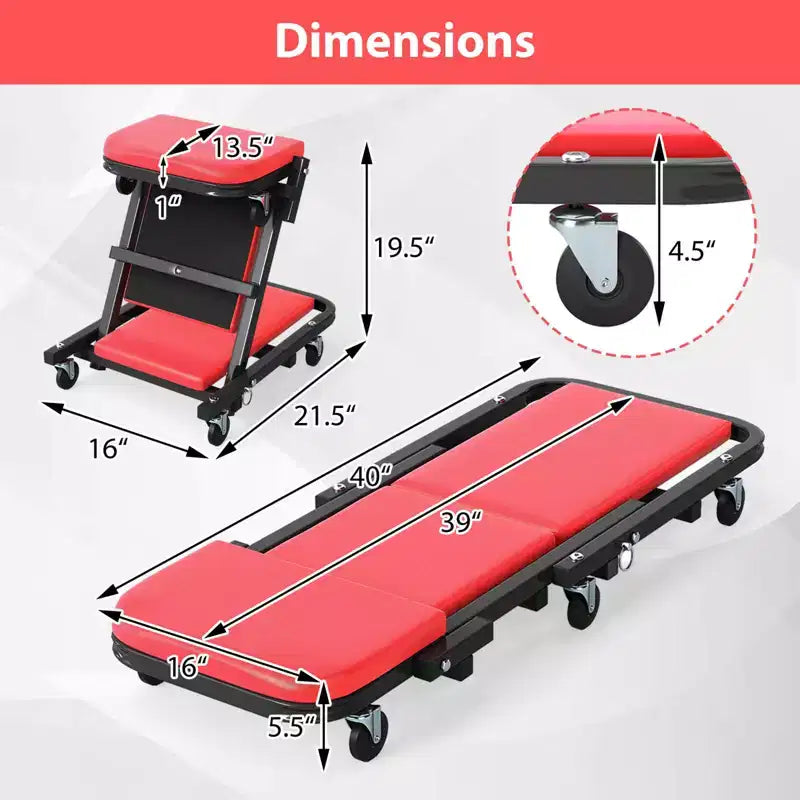 Siège roulant et pliable Costway 2-en-1 avec 6 roulettes pivotantes, cadre métallique robuste Noir + Rouge/Noir