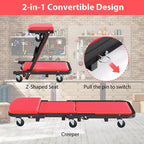 Siège roulant et pliable Costway 2-en-1 avec 6 roulettes pivotantes, cadre métallique robuste Noir + Rouge/Noir