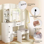 Coiffeuse Costway avec miroir coulissant et lumières, table de maquillage et ensemble chaise avec 4 tiroirs, Blanc