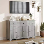 Buffet de salle à manger avec rangement, meuble de rangement de cuisine minimaliste avec 3 tiroirs et 4 portes, table console de style ferme, bar à café pour la cuisine