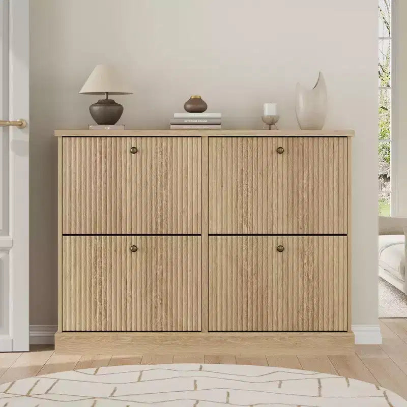 Meuble à chaussures cannelé avec 4 tiroirs basculants, Organiseur de chaussures étroit en bois cannelé avec étagères réglables et amovibles
