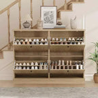 Meuble à chaussures cannelé avec 4 tiroirs basculants, Organiseur de chaussures étroit en bois cannelé avec étagères réglables et amovibles