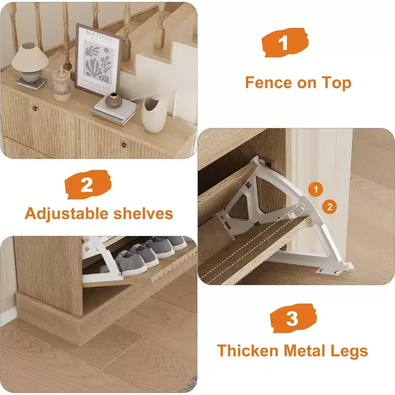 Meuble à chaussures cannelé avec 4 tiroirs basculants, Organiseur de chaussures étroit en bois cannelé avec étagères réglables et amovibles