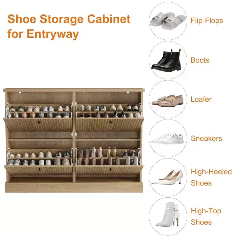 Meuble à chaussures cannelé avec 4 tiroirs basculants, Organiseur de chaussures étroit en bois cannelé avec étagères réglables et amovibles
