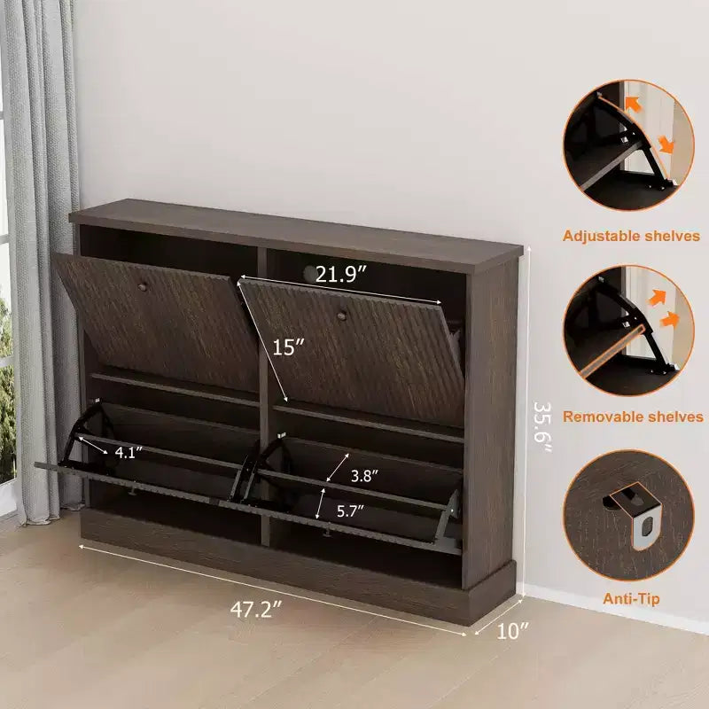 Meuble à chaussures cannelé avec 4 tiroirs basculants, Organiseur de chaussures étroit en bois cannelé avec étagères réglables et amovibles