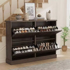 Meuble à chaussures cannelé avec 4 tiroirs basculants, Organiseur de chaussures étroit en bois cannelé avec étagères réglables et amovibles