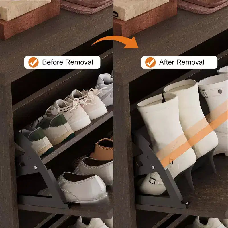 Meuble à chaussures cannelé avec 4 tiroirs basculants, Organiseur de chaussures étroit en bois cannelé avec étagères réglables et amovibles