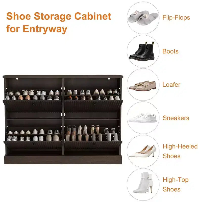 Meuble à chaussures cannelé avec 4 tiroirs basculants, Organiseur de chaussures étroit en bois cannelé avec étagères réglables et amovibles