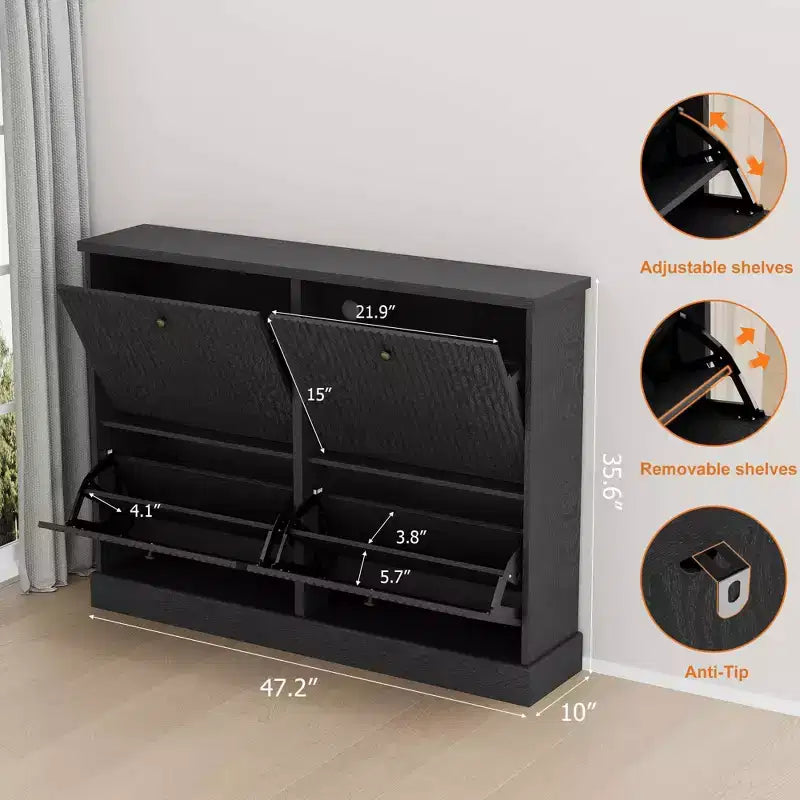 Meuble à chaussures cannelé avec 4 tiroirs basculants, Organiseur de chaussures étroit en bois cannelé avec étagères réglables et amovibles