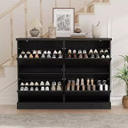 Meuble à chaussures cannelé avec 4 tiroirs basculants, Organiseur de chaussures étroit en bois cannelé avec étagères réglables et amovibles