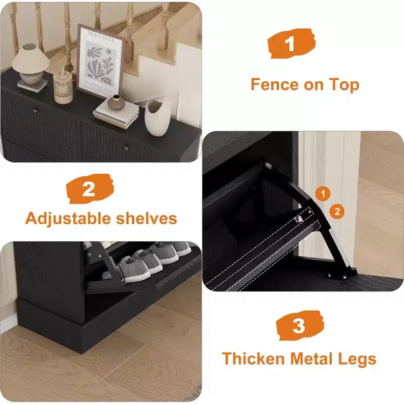 Meuble à chaussures cannelé avec 4 tiroirs basculants, Organiseur de chaussures étroit en bois cannelé avec étagères réglables et amovibles