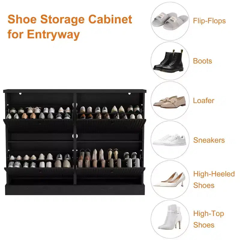 Meuble à chaussures cannelé avec 4 tiroirs basculants, Organiseur de chaussures étroit en bois cannelé avec étagères réglables et amovibles