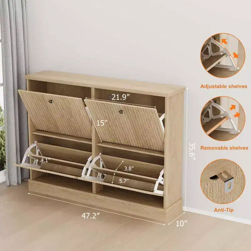 Meuble à chaussures cannelé avec 4 tiroirs basculants, Organiseur de chaussures étroit en bois cannelé avec étagères réglables et amovibles