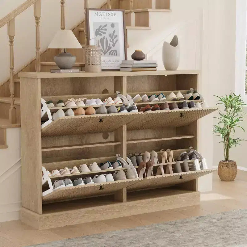 Meuble à chaussures cannelé avec 4 tiroirs basculants, Organiseur de chaussures étroit en bois cannelé avec étagères réglables et amovibles