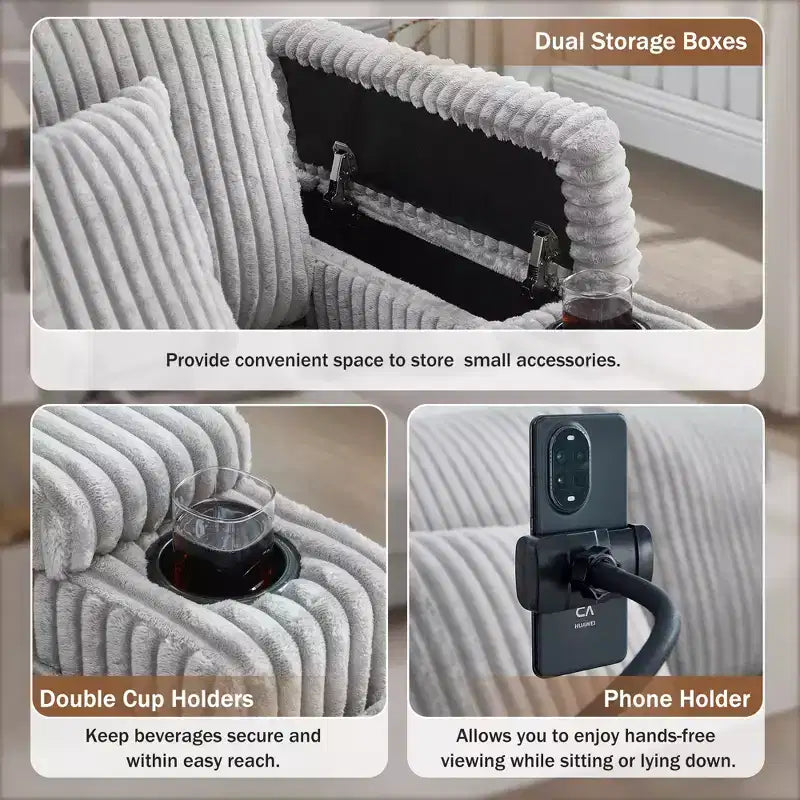 Canapé-lit Polibi avec rangement intégré, porte-gobelets et support de téléphone