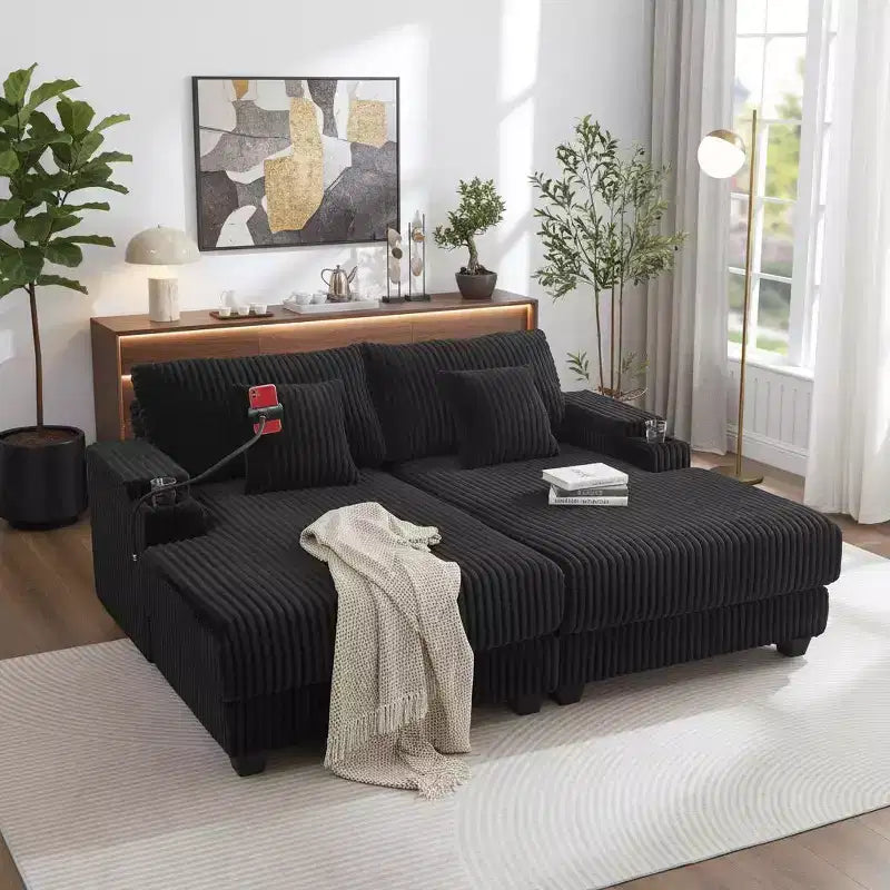Polibi Chaise Lounge Sofa with Built-In Storage, Cup Holders & Phone Holder