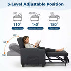Fauteuil lit convertible 4 en 1 avec fonction massage vibrant, oreiller lombaire, ports USB/Type-C pour petits espaces