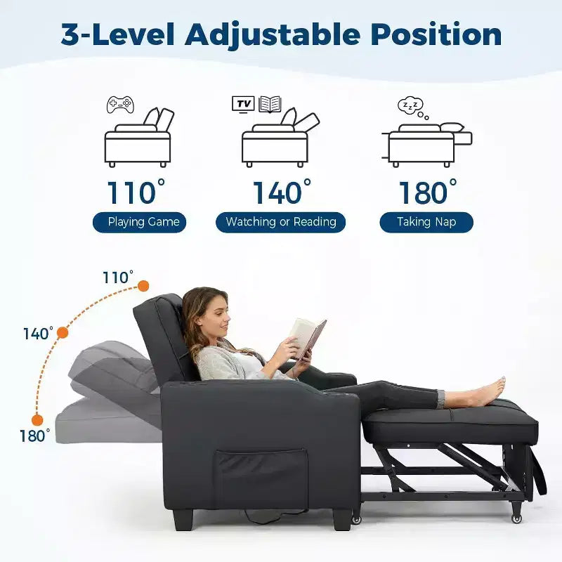 Fauteuil lit convertible 4 en 1 avec fonction massage vibrant, oreiller lombaire, ports USB/Type-C pour petits espaces