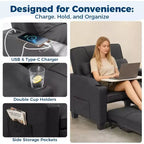Fauteuil lit convertible 4 en 1 avec fonction massage vibrant, oreiller lombaire, ports USB/Type-C pour petits espaces