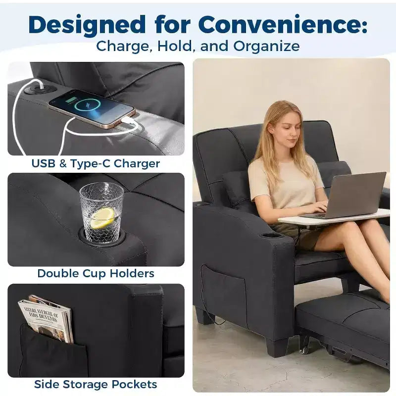 Fauteuil lit convertible 4 en 1 avec fonction massage vibrant, oreiller lombaire, ports USB/Type-C pour petits espaces