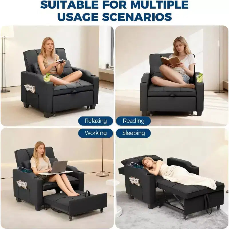 Fauteuil lit convertible 4 en 1 avec fonction massage vibrant, oreiller lombaire, ports USB/Type-C pour petits espaces