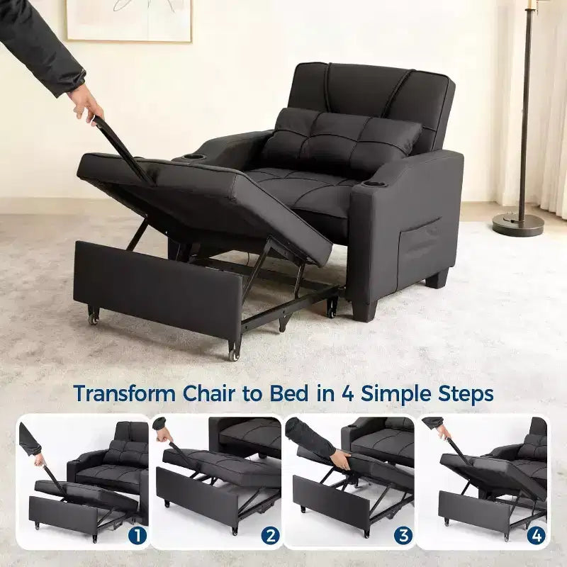 Fauteuil lit convertible 4 en 1 avec fonction massage vibrant, oreiller lombaire, ports USB/Type-C pour petits espaces