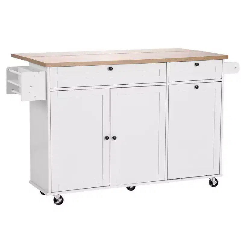 VEVOR Kitchen Island Cart with Storage, 60in Wide Mobile Kitchen Cart with Wheels, Drop Leaf, 2 Drawers, Trash Can Cabinet, Knife Holder,White