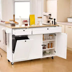 VEVOR Desserte de cuisine mobile avec rangement, 152 cm de large, avec roulettes, abattant, 2 tiroirs, poubelle intégrée, porte-couteaux, blanc