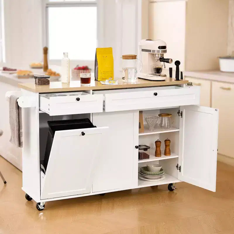 VEVOR Desserte de cuisine mobile avec rangement, 152 cm de large, avec roulettes, abattant, 2 tiroirs, poubelle intégrée, porte-couteaux, blanc