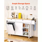 VEVOR Desserte de cuisine mobile avec rangement, 152 cm de large, avec roulettes, abattant, 2 tiroirs, poubelle intégrée, porte-couteaux, blanc