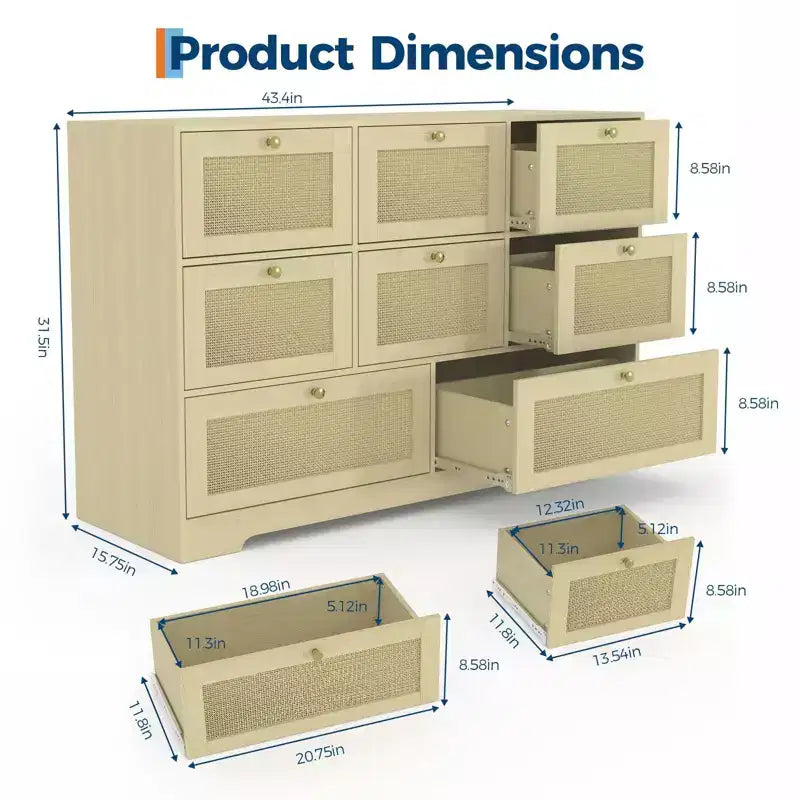 Commode moderne COZONY à 8 tiroirs, longue commode de rangement en bois avec poignées métalliques pour chambre et salon