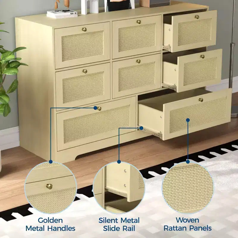 Commode moderne COZONY à 8 tiroirs, longue commode de rangement en bois avec poignées métalliques pour chambre et salon