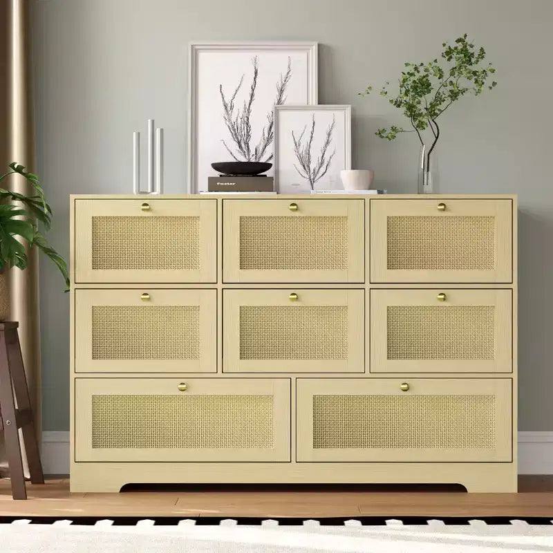 Commode moderne COZONY à 8 tiroirs, longue commode de rangement en bois avec poignées métalliques pour chambre et salon