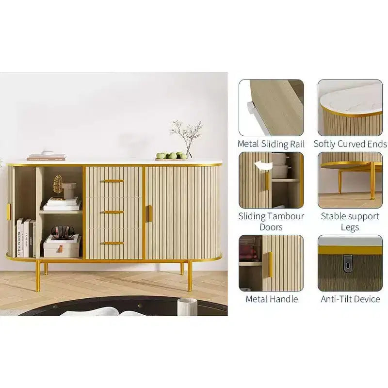 Buffet de 47" avec Rangement, Console à Rainures avec Pieds en Métal et 3 Tiroirs, Plateau en Faux Marbre pour Salle à Manger, Salon, Entrée