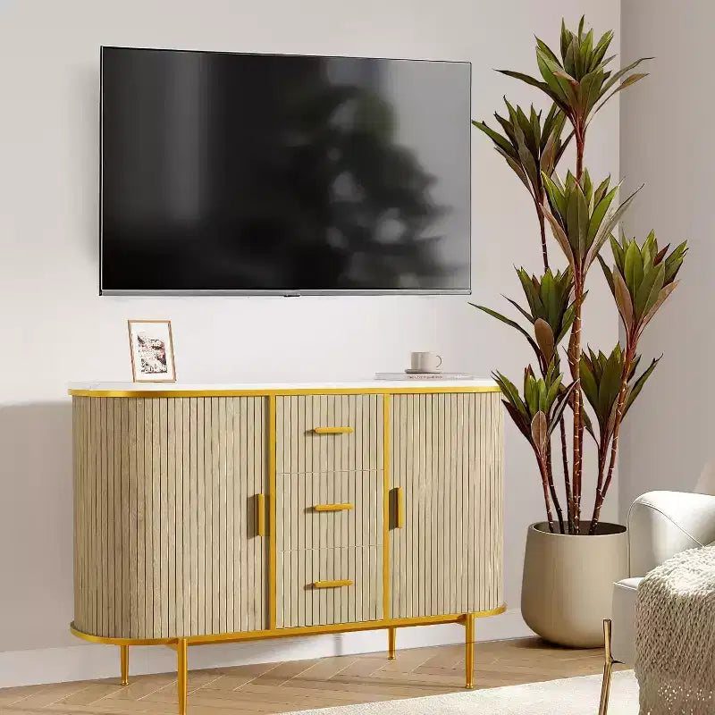 Buffet de 47" avec Rangement, Console à Rainures avec Pieds en Métal et 3 Tiroirs, Plateau en Faux Marbre pour Salle à Manger, Salon, Entrée