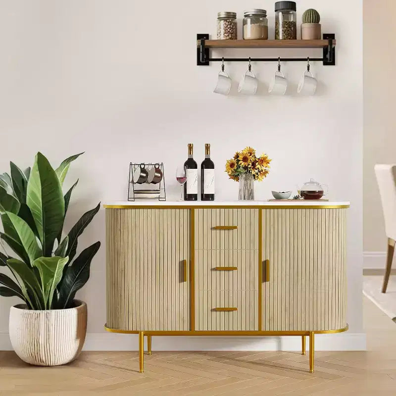 Buffet de 47" avec Rangement, Console à Rainures avec Pieds en Métal et 3 Tiroirs, Plateau en Faux Marbre pour Salle à Manger, Salon, Entrée